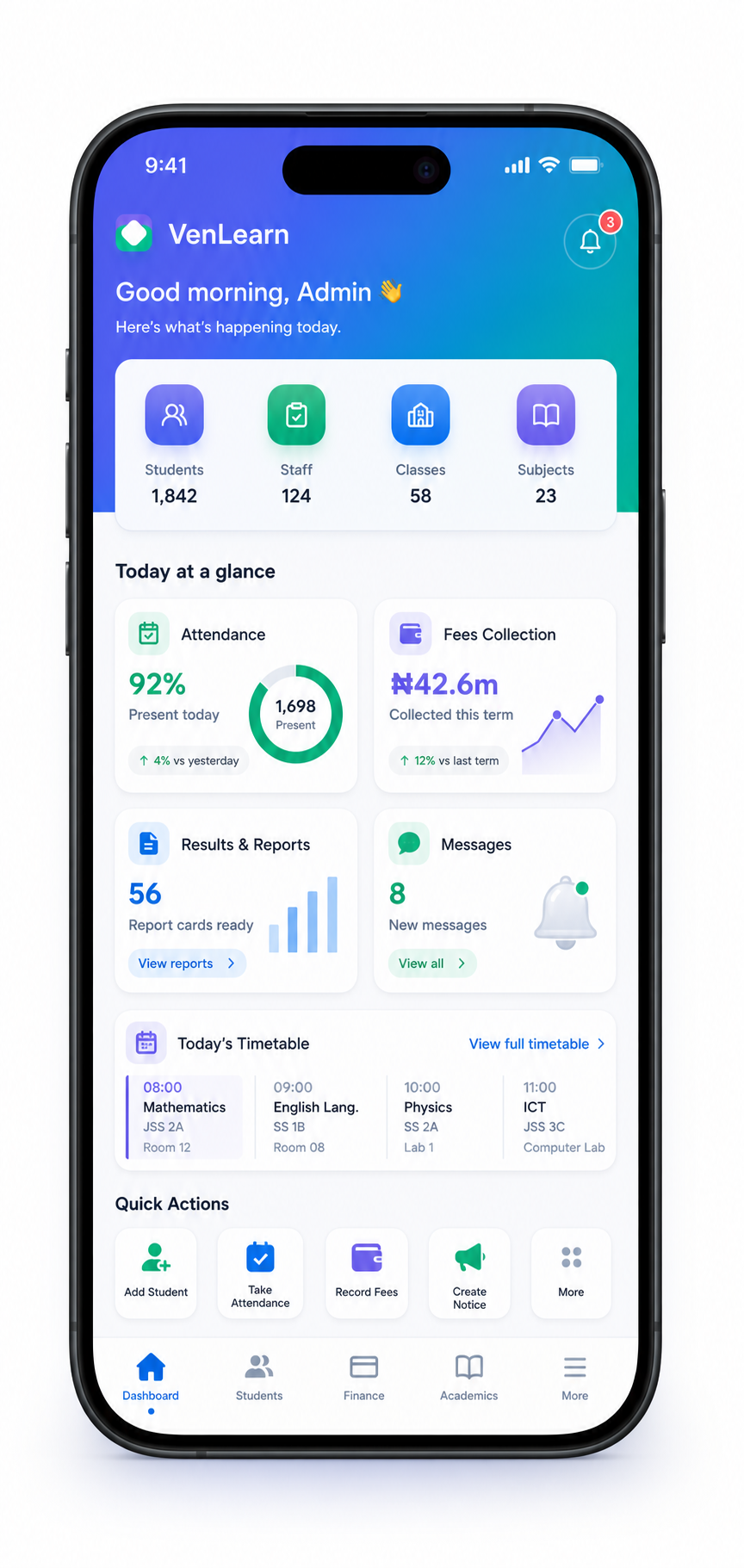 Venlearn mobile school dashboard app preview